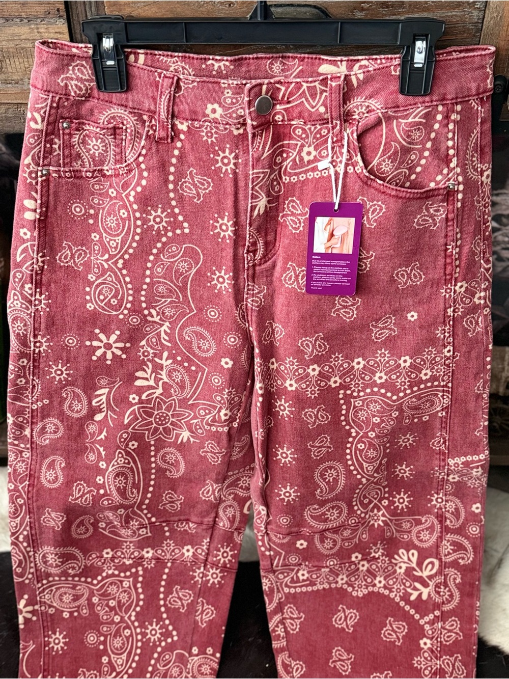 Paisley-Print Red High-Rise Jean